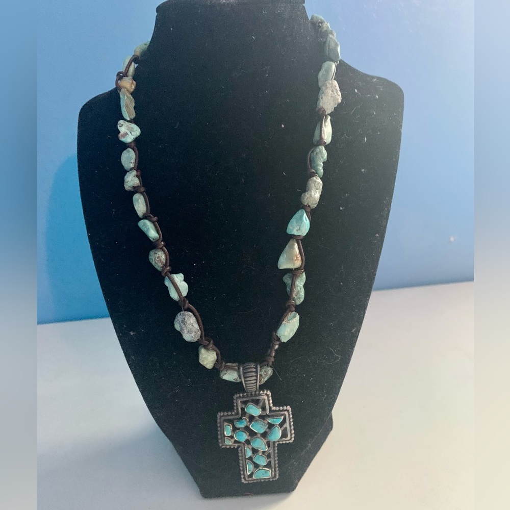 925 Sterling And Genuine Turquoise Cross Necklace